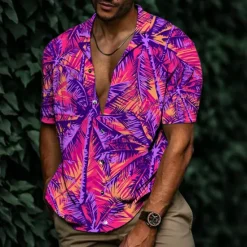 Discount OUKU Men's Coconut Tree Tropical Plants Shirt Summer Hawaiian Shirt Aloha Shirt Short Sleeve Shirt Turndown Tropical Fashion Hawaiian Casual Hawaiian Holiday Pink Purple S M L