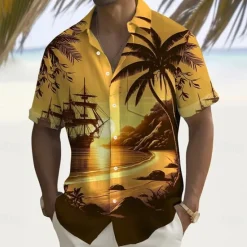 Clearance OUKU Men's Coconut Tree Tropical Plants Summer Hawaiian Shirt Button Up Shirt Aloha Shirt Short Sleeve Hawaiian Holiday Beach Wear Summer Spring Turndown 3D Print Collared Shirts Front One Pocket Yellow