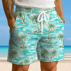 New OUKU Men's Coconut Tree Tropical Plants Waffle Shorts Sweat Shorts Casual Shorts Mid Waist Hawaiian Vacation Jogging Workout Elastic Drawstring Waist Shorts with Pockets Designer Clothing Apparel