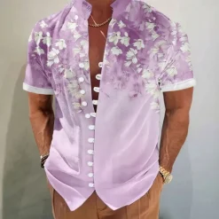 Hot OUKU Men's Coconut Tree Tropical Plants Summer Hawaiian Shirt Aloha Shirt Stand Collar Shirt Short Sleeve Hawaiian Vacation Beach Wear Summer Spring Mandarin Collar 3D Print Button Down Shirts Pink Blue