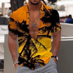 Discount OUKU Men's Coconut Tree Tropical Plants Shirt Summer Hawaiian Shirt Aloha Shirt Short Sleeve Shirt Turndown Fashion Designer Casual Outdoor Street Casual Light Yellow Yellow Pink 3D Print S M L