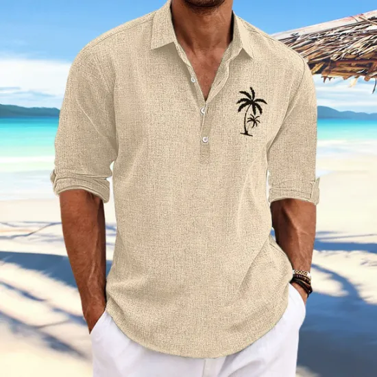 Best OUKU Men's Coconut Tree Tropical Plants Shirt Summer Hawaiian Shirt Aloha Shirt Long Sleeve Shirt Stand Collar Fashion Streetwear Designer Outdoor Street Casual Black Blue Khaki S M L