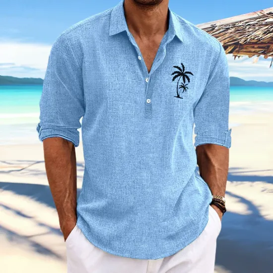 Best OUKU Men's Coconut Tree Tropical Plants Shirt Summer Hawaiian Shirt Aloha Shirt Long Sleeve Shirt Stand Collar Fashion Streetwear Designer Outdoor Street Casual Black Blue Khaki S M L