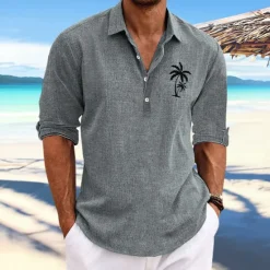 Best OUKU Men's Coconut Tree Tropical Plants Shirt Summer Hawaiian Shirt Aloha Shirt Long Sleeve Shirt Stand Collar Fashion Streetwear Designer Outdoor Street Casual Black Blue Khaki S M L