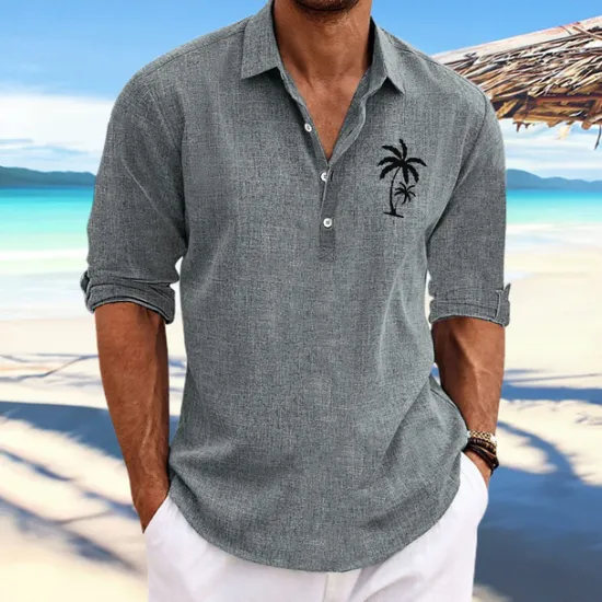 Best OUKU Men's Coconut Tree Tropical Plants Shirt Summer Hawaiian Shirt Aloha Shirt Long Sleeve Shirt Stand Collar Fashion Streetwear Designer Outdoor Street Casual Black Blue Khaki S M L
