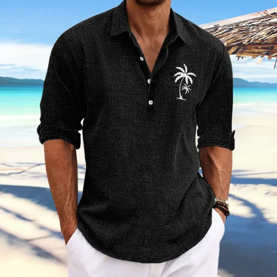 Best OUKU Men's Coconut Tree Tropical Plants Shirt Summer Hawaiian Shirt Aloha Shirt Long Sleeve Shirt Stand Collar Fashion Streetwear Designer Outdoor Street Casual Black Blue Khaki S M L
