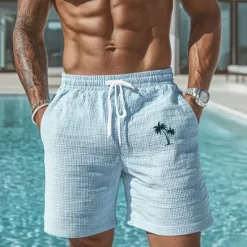 Hot OUKU Men's Coconut Tree Tropical Plants Waffle Shorts Sweat Shorts Casual Shorts Mid Waist Fashion Casual Vacation Jogging Workout Elastic Drawstring Waist Shorts with Pockets Designer Clothing Apparel