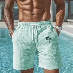 Hot OUKU Men's Coconut Tree Tropical Plants Waffle Shorts Sweat Shorts Casual Shorts Mid Waist Fashion Casual Vacation Jogging Workout Elastic Drawstring Waist Shorts with Pockets Designer Clothing Apparel
