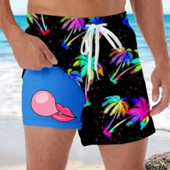 Sale OUKU Men's Coconut Tree Tropical Plants Bubble Gum Lined Shorts 2 in 1 Board Shorts Swim Shorts Mid Waist Hawaiian Vacation Side Pockets With Compression Liner Elastic Drawstring Waist Designer Clothing