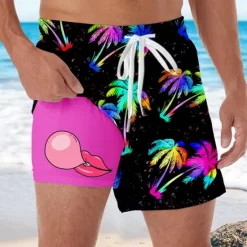 Sale OUKU Men's Coconut Tree Tropical Plants Bubble Gum Lined Shorts 2 in 1 Board Shorts Swim Shorts Mid Waist Hawaiian Vacation Side Pockets With Compression Liner Elastic Drawstring Waist Designer Clothing
