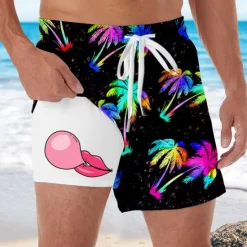 Sale OUKU Men's Coconut Tree Tropical Plants Bubble Gum Lined Shorts 2 in 1 Board Shorts Swim Shorts Mid Waist Hawaiian Vacation Side Pockets With Compression Liner Elastic Drawstring Waist Designer Clothing