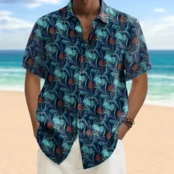 Sale OUKU Men's Coconut Tree Tropical Plants Summer Hawaiian Shirt Button Up Shirt Aloha Shirt Short Sleeve Hawaiian Vacation Beach Wear Summer Spring Turndown 3D Print Collared Shirts Blue Green