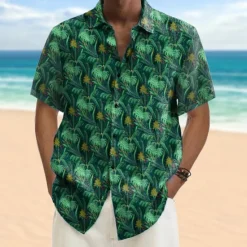 Sale OUKU Men's Coconut Tree Tropical Plants Summer Hawaiian Shirt Button Up Shirt Aloha Shirt Short Sleeve Hawaiian Vacation Beach Wear Summer Spring Turndown 3D Print Collared Shirts Blue Green