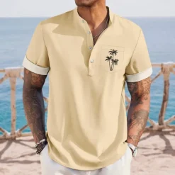 Online OUKU Men's Coconut Tree Tropical Plants Hawaiian Shirt Henley Shirt Stand Collar Shirt Short Sleeve Hawaiian Vacation Casual Summer Spring Mandarin Collar Band Collar Buttons Front One Pocket Linen Like