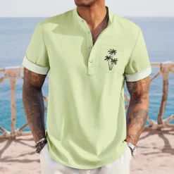 Online OUKU Men's Coconut Tree Tropical Plants Hawaiian Shirt Henley Shirt Stand Collar Shirt Short Sleeve Hawaiian Vacation Casual Summer Spring Mandarin Collar Band Collar Buttons Front One Pocket Linen Like