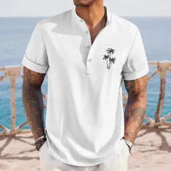 Online OUKU Men's Coconut Tree Tropical Plants Hawaiian Shirt Henley Shirt Stand Collar Shirt Short Sleeve Hawaiian Vacation Casual Summer Spring Mandarin Collar Band Collar Buttons Front One Pocket Linen Like