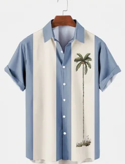 Outlet OUKU Men's Color Block Coconut Tree Tropical Plants Shirt Summer Hawaiian Shirt Bowling Shirt Short Sleeve Shirt Turndown Fashion 1950s Leisure Vacation Street Going out Black Pink Blue S M L