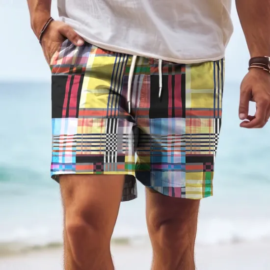 OUKU Men's Color Block Colorful Swim Shorts Board Shorts Swimming Trunks Mid Waist Hawaiian Casual Holiday Beach Drawstring with Mesh lining Elastic Waist Designer Clothing Apparel