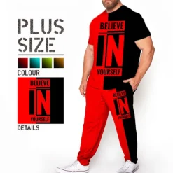 New OUKU Men's Color Block 3D Print Graphic Prints 2pcs Tees sets Matching Sets Short Sleeve Long pants Crew Neck Fashion Streetwear Casual Outdoor Daily Sports 3D Print Spring & Summer Red Blue Purple