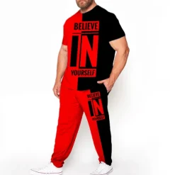 New OUKU Men's Color Block 3D Print Graphic Prints 2pcs Tees sets Matching Sets Short Sleeve Long pants Crew Neck Fashion Streetwear Casual Outdoor Daily Sports 3D Print Spring & Summer Red Blue Purple