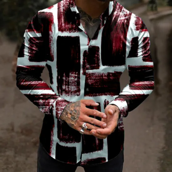 Clearance OUKU Men's Color Block Geometric Pattern Shirt Button Up Shirt Long Sleeve Fashion Designer Casual Outdoor Casual Holiday Summer Spring Turndown Print Button-Down Red Navy Blue Purple Green