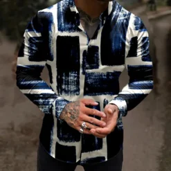 Clearance OUKU Men's Color Block Geometric Pattern Shirt Button Up Shirt Long Sleeve Fashion Designer Casual Outdoor Casual Holiday Summer Spring Turndown Print Button-Down Red Navy Blue Purple Green