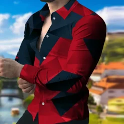Hot OUKU Men's Color Block Geometric Pattern Geometry Shirt Button Up Shirt Long Sleeve Fashion Designer Casual Outdoor Casual Holiday Fall & Winter Turndown Print Button-Down Black White Red Blue Green