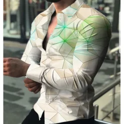 Hot OUKU Men's Color Block Geometric Pattern Geometry Shirt Button Up Shirt Long Sleeve Fashion Designer Casual Outdoor Casual Holiday Fall & Winter Turndown Print Button-Down Black White Red Blue Green