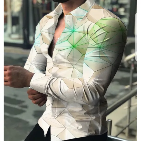 Hot OUKU Men's Color Block Geometric Pattern Geometry Shirt Button Up Shirt Long Sleeve Fashion Designer Casual Outdoor Casual Holiday Fall & Winter Turndown Print Button-Down Black White Red Blue Green
