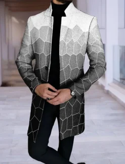 OUKU Men's Color Block Geometry Argyle Winter Coat Overcoat Coat Warm Breathable Comfortable Fashion Streetwear Business Work Wear to work Going out Pocket Print Fall & Winter Turndown Long Sleeve Black