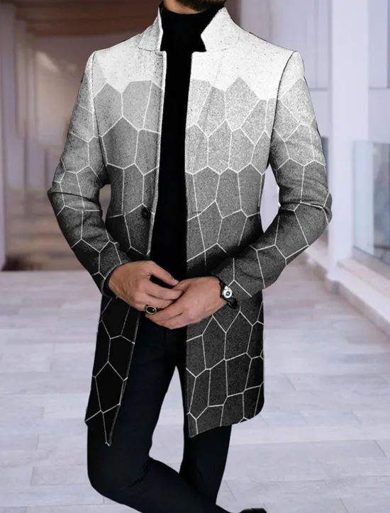 OUKU Men's Color Block Geometry Argyle Winter Coat Overcoat Coat Warm Breathable Comfortable Fashion Streetwear Business Work Wear to work Going out Pocket Print Fall & Winter Turndown Long Sleeve Black