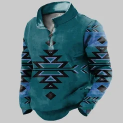 Discount OUKU Men's Color Block Geometry Zip Polo Long Sleeve Polo Shirts Zip Vintage Outdoor Casual Daily Streetwear 3D Print Fall & Winter Blue Gold Brown