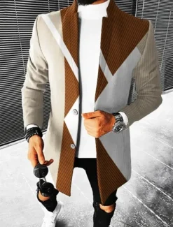 Hot OUKU Men's Color Block Geometry Winter Coat Overcoat Coat Warm Breathable Comfortable Fashion Streetwear Business Work Wear to work Going out Pocket Print Fall & Winter Turndown Long Sleeve Red Burgundy