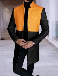 Clearance OUKU Men's Color Block Geometry Gradual Winter Coat Overcoat Coat Warm Breathable Comfortable Fashion Streetwear Business Work Wear to work Going out Pocket Print Fall & Winter Turndown Long Sleeve Navy