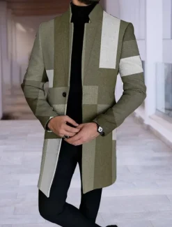 Clearance OUKU Men's Color Block Geometry Gradual Winter Coat Overcoat Coat Warm Breathable Comfortable Fashion Streetwear Business Work Wear to work Going out Pocket Print Fall & Winter Turndown Long Sleeve Navy