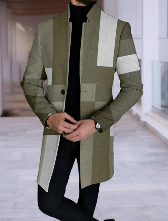 Clearance OUKU Men's Color Block Geometry Gradual Winter Coat Overcoat Coat Warm Breathable Comfortable Fashion Streetwear Business Work Wear to work Going out Pocket Print Fall & Winter Turndown Long Sleeve Navy