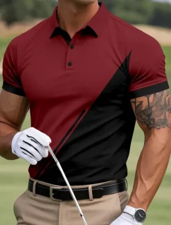 Discount OUKU Men's Color Block Golf Polo Sports Polo Shirts Short Sleeve Polo Shirts Collared Shirts Sportswear Casual Outdoor Athleisure Buttons Summer Yellow Red Blue