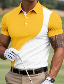 Sale OUKU Men's Color Block Golf Polo Sports Polo Shirts Short Sleeve Polo Shirts Collared Shirts Casual Outdoor Athleisure Buttons Summer Yellow Red Navy Blue