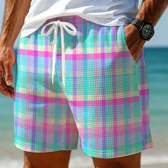 Hot OUKU Men's Color Block Gradient Grid / Plaid Waffle Shorts Sweat Shorts Casual Shorts Mid Waist Fashion Casual Vacation Jogging Workout Elastic Drawstring Waist Shorts with Pockets Designer Clothing