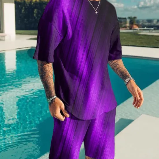 Online OUKU Men's Color Block Graphic Prints 2pcs Tees sets Matching Sets Short Sleeve Short Pants Crew Neck Basic Classic Comfortable Outdoor Street Daily 3D Print Summer Spring Red Purple