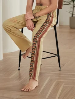 New OUKU Men's Color Block Graphic Prints Linen Pants Trousers Summer Pants Mid Waist Ethnic Style Retro Vintage Casual Daily Holiday Drawstring Elastic Waist 3D Print Spring & Summer 3D Print Black Green