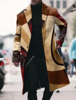 Outlet OUKU Men's Color Block Graphic Prints Geometry Winter Coat Overcoat Coat Warm Breathable Comfortable Fashion Streetwear Business Work Wear to work Going out Pocket Print Fall & Winter Turndown Long Sleeve Yellow
