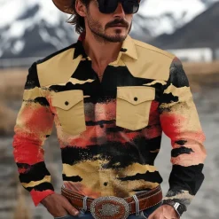Best OUKU Men's Color Block Marble Western Shirt Cowboy Shirt Long Sleeve Western Casual Causal Spring Fall Turndown 2 Pockets Yellow Blue Green