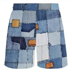 Discount OUKU Men's Color Block Optical Illusion Grid / Plaid Swim Shorts Board Shorts Swimming Trunks Mid Waist Hawaiian Casual Holiday Beach Drawstring with Mesh lining Elastic Waist Designer Clothing Apparel Blue