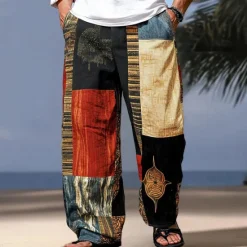 OUKU Men's Color Block Patchwork Pants Trousers Mid Waist Drawstring Elastic Waist Hawaiian Casual Outdoor Vacation Holiday Straight Leg Trousers Summer Spring Fall 3D Print Black