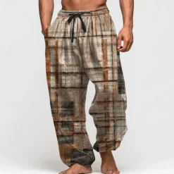 Sale OUKU Men's Color Block Patchwork Trousers Baggy Pants Casual Pants Mid Waist Retro Vintage Outdoor Vacation Elastic Drawstring Waist Linen-Like Pants with Pockets Summer Spring Fall 3D Print Blue Green