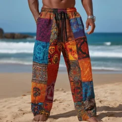 Outlet OUKU Men's Color Block Patchwork Ethnic Trousers Baggy Pants Casual Pants Mid Waist Vintage Retro Outdoor Vacation Elastic Drawstring Waist Linen-Like Pants with Pockets Summer Spring Fall 3D Print Yellow