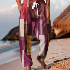 OUKU Men's Color Block Patchwork Trousers Baggy Pants Casual Pants Mid Waist Vacation Hawaiian Outdoor Holiday Beach Wide Leg Summer Spring 3D Print White Blue Purple