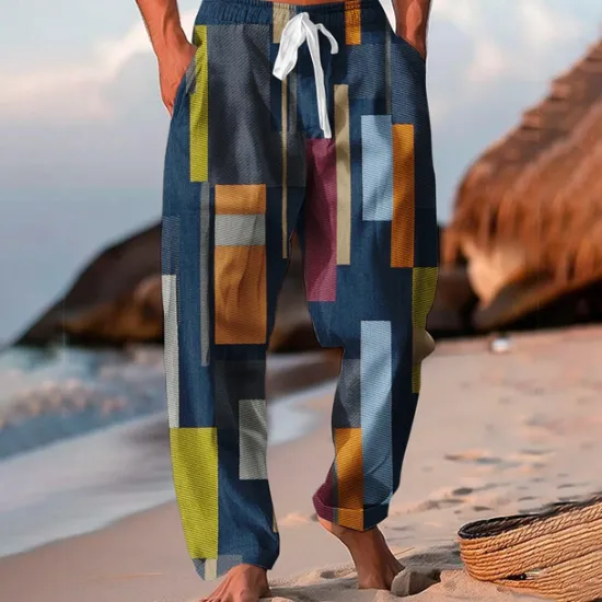 OUKU Men's Color Block Patchwork Trousers Baggy Pants Casual Pants Mid Waist Vacation Hawaiian Outdoor Holiday Beach Wide Leg Summer Spring 3D Print White Blue Purple
