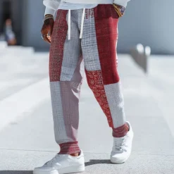 OUKU Men's Color Block Patchwork Sweatpants Joggers Trousers Mid Waist Drawstring Elastic Waist Vintage Ethnic Jogging Streetwear Workout Athletic Sweatpants with Pockets Spring Fall 3D Print Red Blue